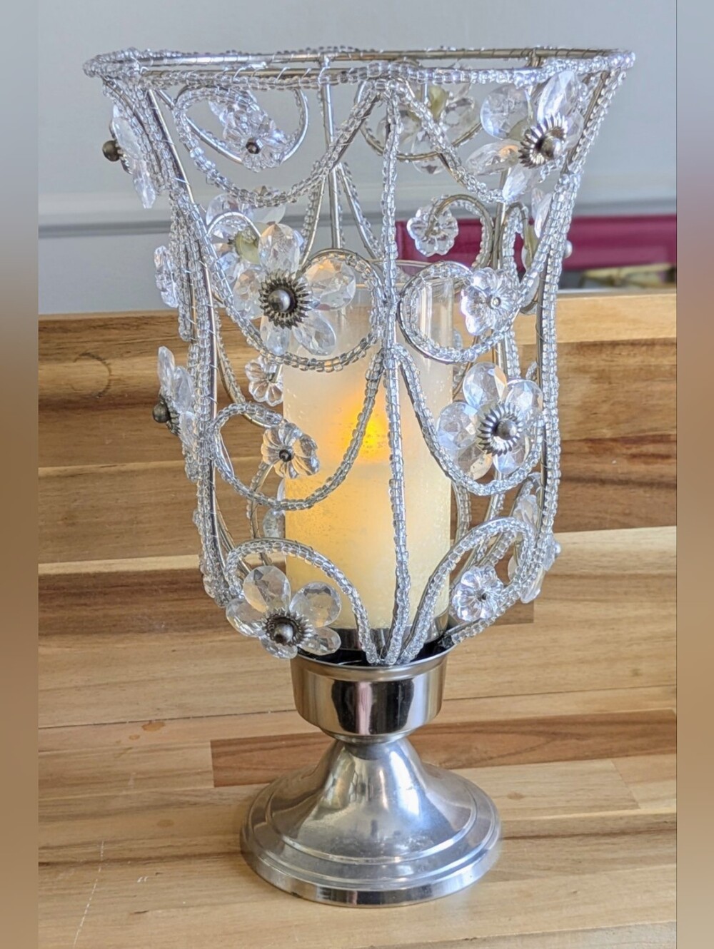 Vintage 15" Ornate Silver-Tone Floral Crystal Beaded Hurricane Candle Holder